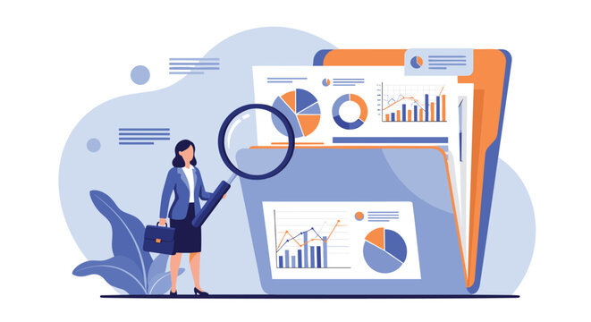 Businesswoman with a magnifying glass examining various charts and graphs inside a giant file folder for financial data analysis.