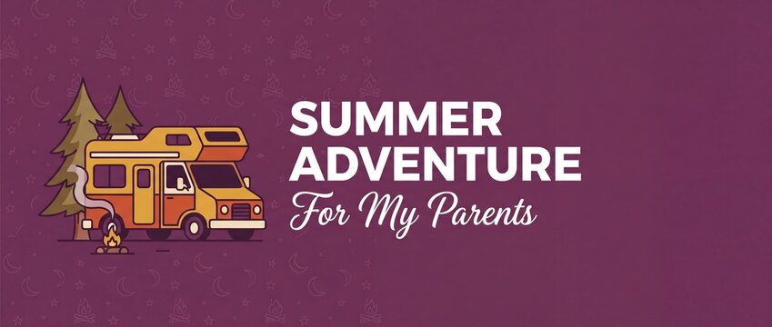 Summer adventure camper van illustration with road trip RV caravan, campfire, and pine trees under a starry night sky backdrop, designed as a custom banner template card gift concept for old parents.