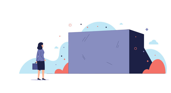 Businesswoman with briefcase stands before large grey rectangular block representing obstacle or challenge in career path.