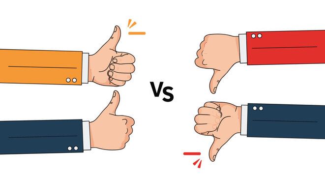 Comparison of hands showing thumbs up and thumbs down gestures to represent positive and negative feedback or voting results.