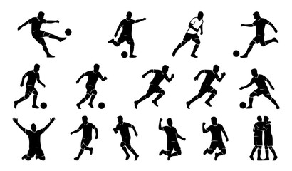 Modern soccer player silhouette collection with football kicking action vector illustrations © Jahangir