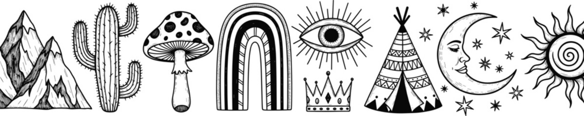 Bohemian mystical illustration set with mountains, cactus, mushroom, rainbow, eye, tipi, crown, moon, stars and sun © Amazing2026
