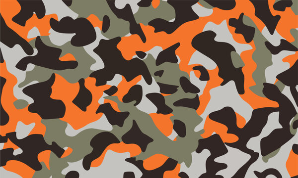 Seamless vector camouflage military pattern-1.png background with bright orange, brown, khaki, and grey shapes. Modern army camo texture for hunting gear, streetwear fashion, textile, and backdrop.