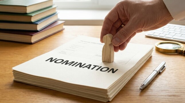 Stack of nomination papers with hand holding wooden figure on top