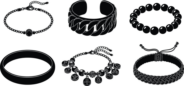 Bracelet silhouettes collection, fashion jewelry bangles cuffs chains beads charms, elegant accessories design set, vector illustration