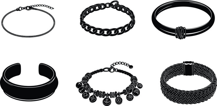 Bracelet silhouettes set, elegant jewelry accessories collection, fashion bangles cuffs chains charm designs, vector illustration