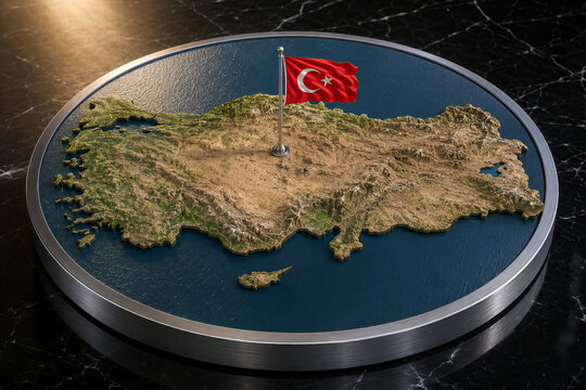 3D Topographic Map of Turkey with National Flag