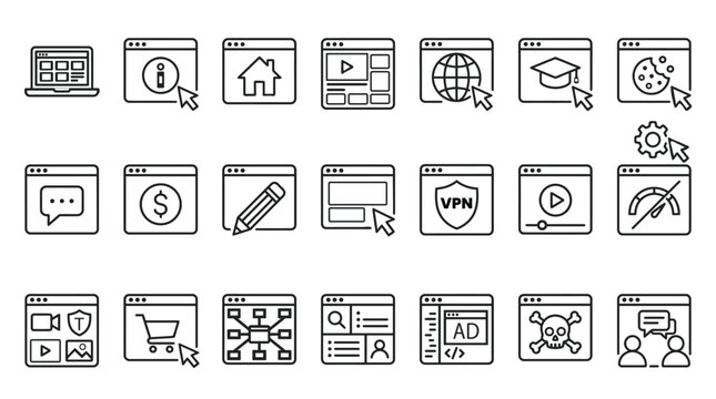 Web Browser and Internet Interface Line Icon Set
