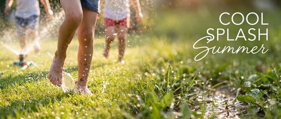Fototapeta premium Children running barefoot splashing water on lush green backyard grass garden lawn with sprinkler spraying drops in sunny summer backyard playground joyful happy childhood youth lifestyle concept.