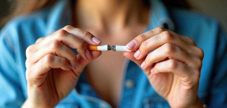 Woman breaks cigarette in half. Person quits smoking, chooses healthy lifestyle, stops bad habit. Decision for better life, freedom from nicotine addiction.
