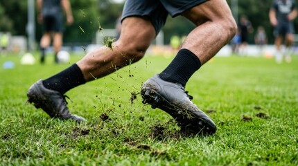 Obraz premium Football boots kicking up turf during sprint on grass field