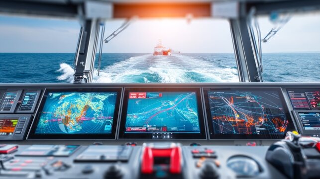Advanced Navigation Bridge of a Ship with Display Screens over Ocean View