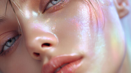Naklejka premium Woman's intricate eye makeup showcasing sparkling iridescence and an ethereal aura, with luminous skin reflecting a rainbow chromatic glow across her face