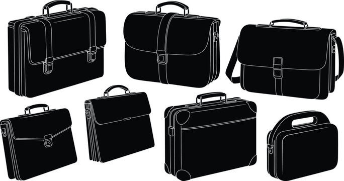 Business briefcase silhouettes set, office and laptop bag vector collection