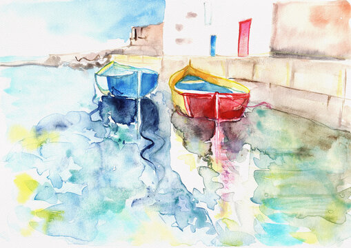 Colorful Fishing Boats in Sunlit Harbor with Reflections, Coastal Travel Scene, hand-painted watercolor