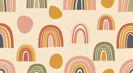 Bohemian Seamless Pattern with Abstract Earth Tone Rainbows and Organic Shapes for Textile and Decor