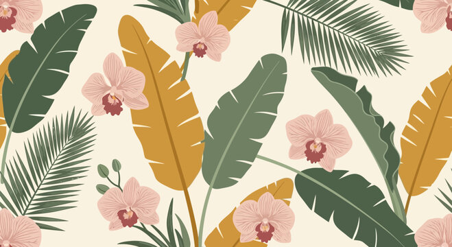 Tropical Seamless Pattern with Exotic Pink Orchid Flowers and Lush Green and Yellow Palm Leaves