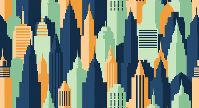 Cityscape Seamless Pattern with Stylized Abstract Buildings and Skyscrapers for Modern Urban Design Backgrounds