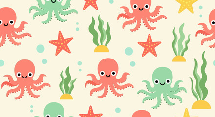 Naklejka premium Playful Underwater Seamless Pattern with Cute Cartoon Octopuses Starfish and Seaweed Perfect for Kids Designs