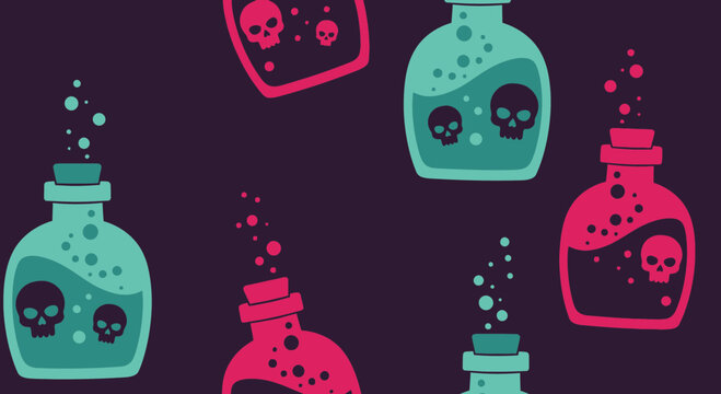 Potion Bottle Pattern with Skulls and Bubbles for Spooky Halloween Backgrounds or Magical Fantasy Designs