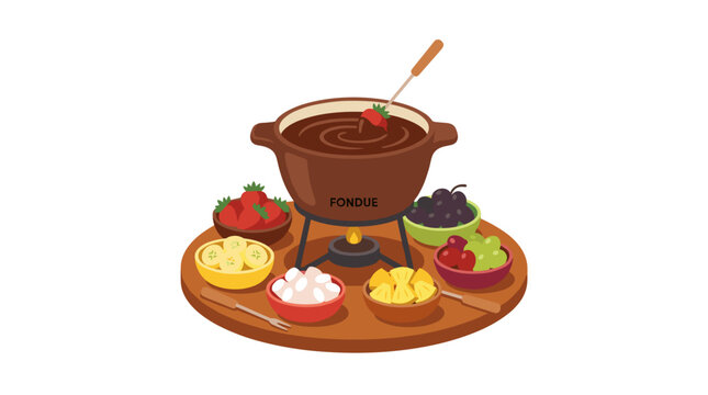 Chocolate fondue set with various fruits and marshmallows on a wooden serving tray