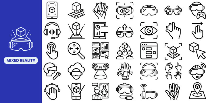 Mixed Reality and Virtual outline icon set. Featuring VR headset, AR glasses, hologram, motion sensor, and 3D cube symbols. Editable stroke vector icons for metaverse platform and gaming app.