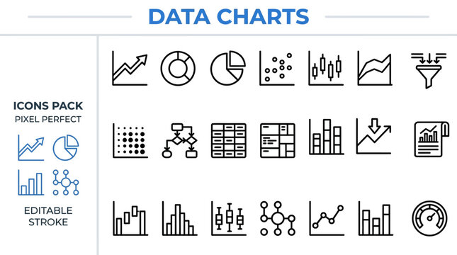 Statistics and Data Analysis outline icon set. Featuring graph trend, report, pie diagram, forecast, and database symbols. Editable stroke vector icons for market research and financial review.