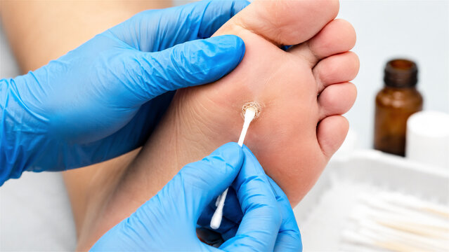podiatrist applying medicine to a foot wart using a cotton swab. Professional treatment of a callus or corn on a human heel. Clinical procedure, dermatology care, medical health