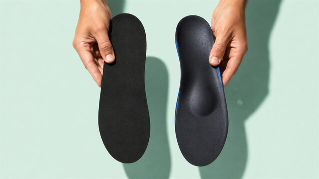 man holding orthopedic shoe insoles. Man showing black inner soles for comfort and arch support. Podiatry accessory for footwear to improve foot health. Corrective pad for human shoe.