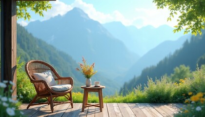 Obraz premium Wicker chair and small table with flowers and coffee sit on wooden deck. Mountain landscape with green trees and blue sky behind. Peaceful nature scene.