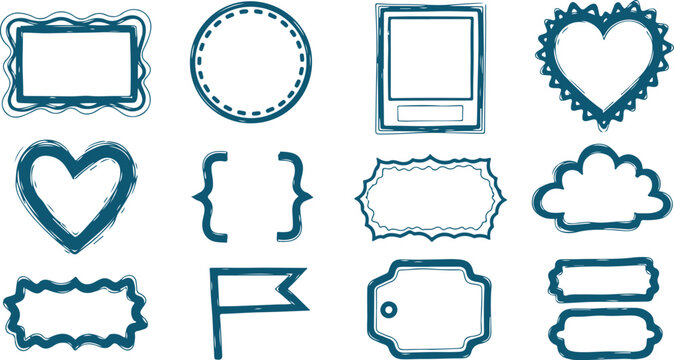 Set of decorative hand drawn blue frames and borders for design, featuring various shapes like hearts, circles, and clouds on transparent background.
