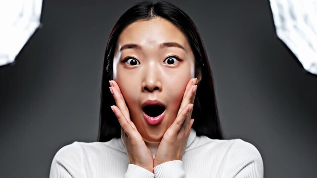 Shocked young woman with hands on face expressing surprise.
