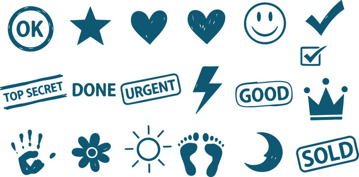 Collection of hand drawn doodle elements like stamps hearts stars smileys lightning and more on transparent background.