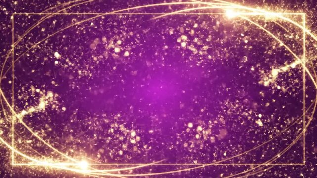Abstract purple background with golden glowing particles and sparkle effects in oval frame