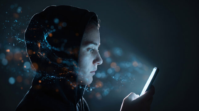 Working memory and attention span decline from short video addiction, person using smartphone in dark, conceptual digital health