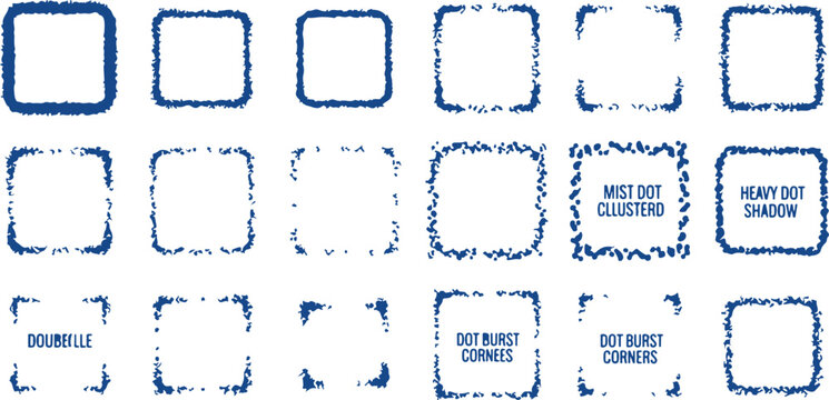Set of blue grunge square frames with rough edges and textured borders on checkered background vector.