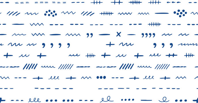 Seamless pattern of blue hand drawn dashed and dotted lines arrows plus signs and abstract shapes on grid.