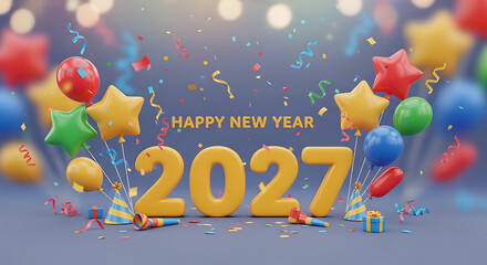 Happy new year 2027 celebration with colorful balloons and confetti fathers day