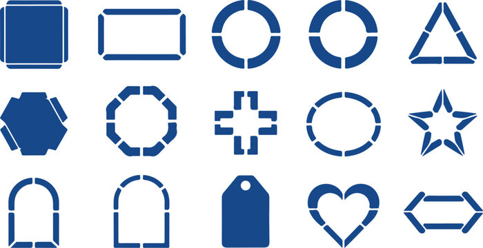 Set of blue geometric outline shapes for design symbols and icons including star circle triangle heart.