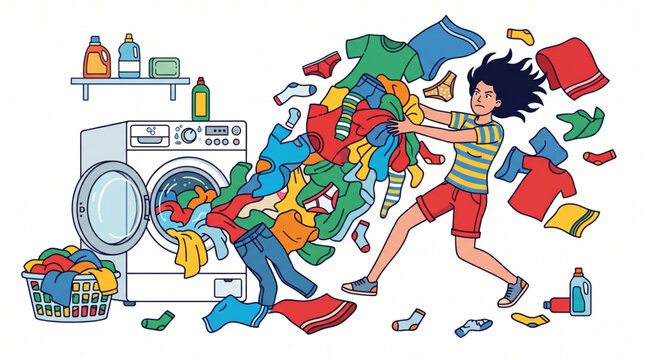 Overwhelmed by Laundry Day A Humorous Illustration of the Never-Ending Chore Cycle and the Mountain of Clothes Piling Up