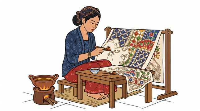 Traditional Indonesian woman drawing batik pattern on fabric with canting