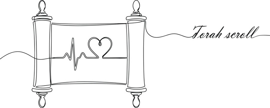Continuous line drawing of Jewish Torah scroll with heartbeat and heart icon handwritten text minimalist religious vector banner illustration