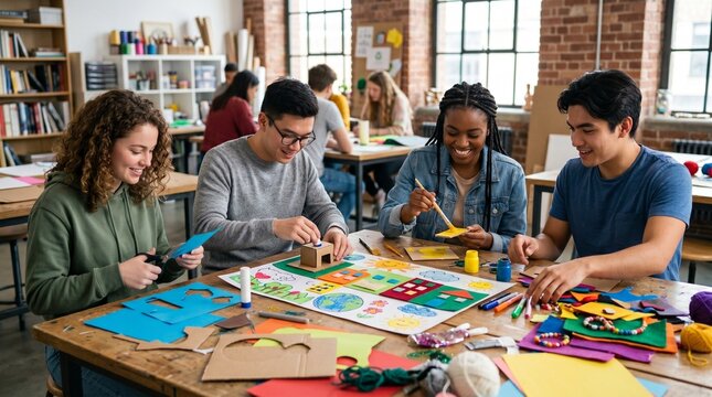 Diverse group of young adults engaged in a creative art project together in a bright studio classroom setting