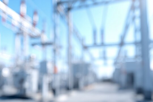 Abstract blurred background of an electrical power substation. High voltage grid and industrial energy infrastructure. Technology and power generation concept