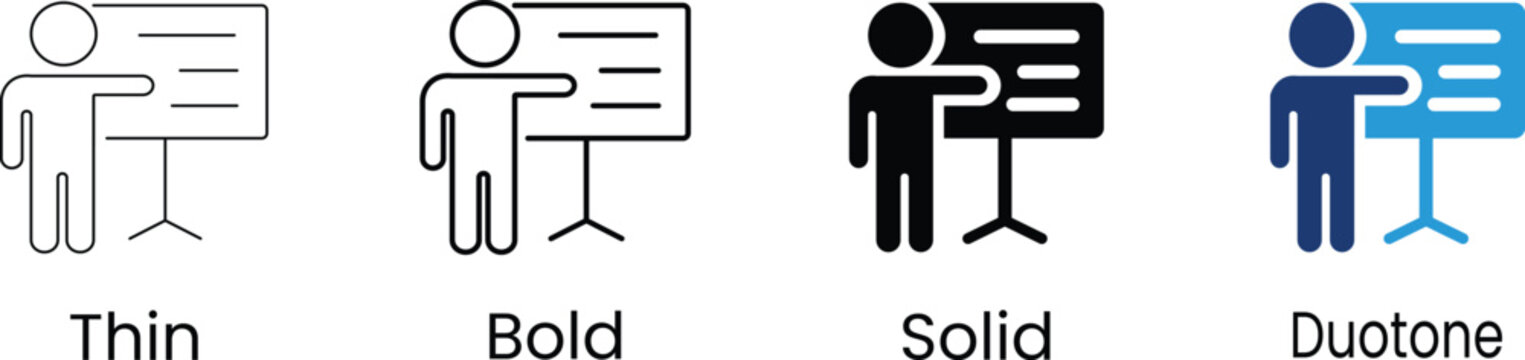Set of Presentation icon showing person pointing at board. Business presentation and training symbol for meetings, lectures, education, strategy explanation and corporate communication.