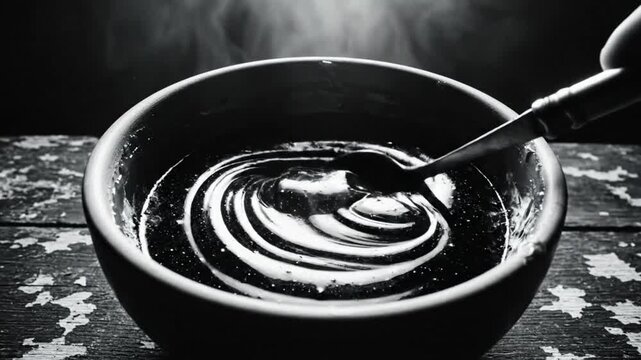 Black and white close up of molasses in a bowl being stirred with a spoon on a wooden surface