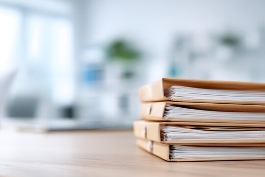A stack of document binders on a wooden office desk. Business paperwork, file archiving, and corporate administration concept