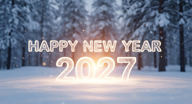 Happy new year 2027 celebration in a snowy forest with glowing text fathers day