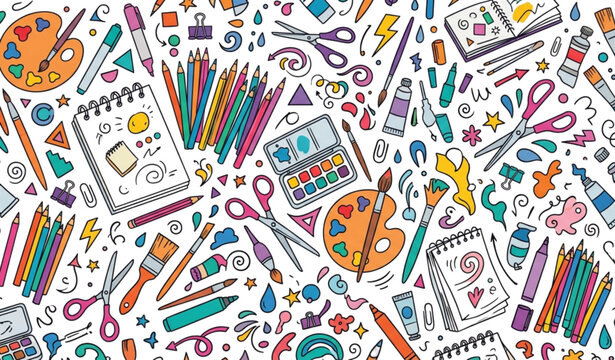 Hand Drawn Creative Studio Tools Seamless Pattern for Packaging and Textile Prints