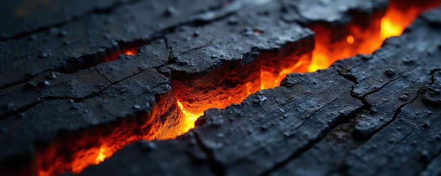 Cracked burnt wood texture with glowing orange embers. Dark coal surface splits open revealing fiery hot lava below. Abstract background of extreme heat and destruction.